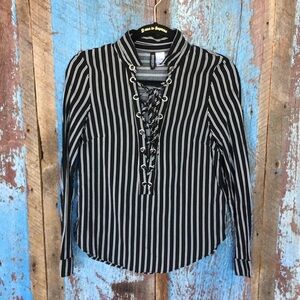 Divided Black & White Striped Lace-up Top